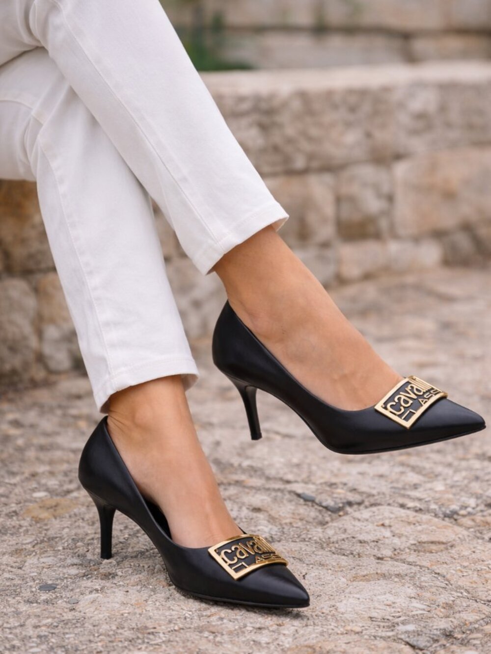 Roberto Cavalli Class Black Leather Pumps Gold Buckle 3″ Stiletto Size 5 NWOT